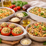 Receitas de Legumes com Pratos saudáveis e saborosos em mesa rústica