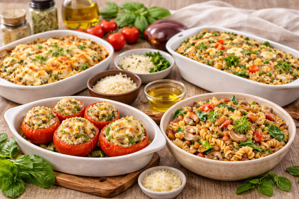 Receitas de Legumes com Pratos saudáveis e saborosos em mesa rústica