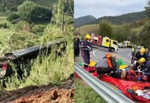 Ônibus cai em ribanceira e deixa cinco mortos em Cruzeiro, interior de SP